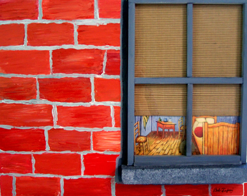 Mixed media of window in brick building