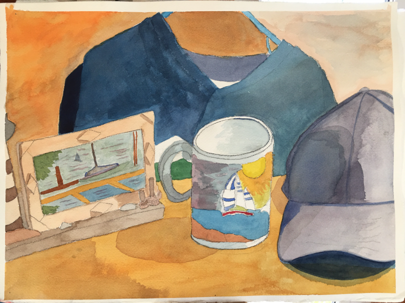 Watercolor painting of picture, mug, v-neck sweater, and hat
