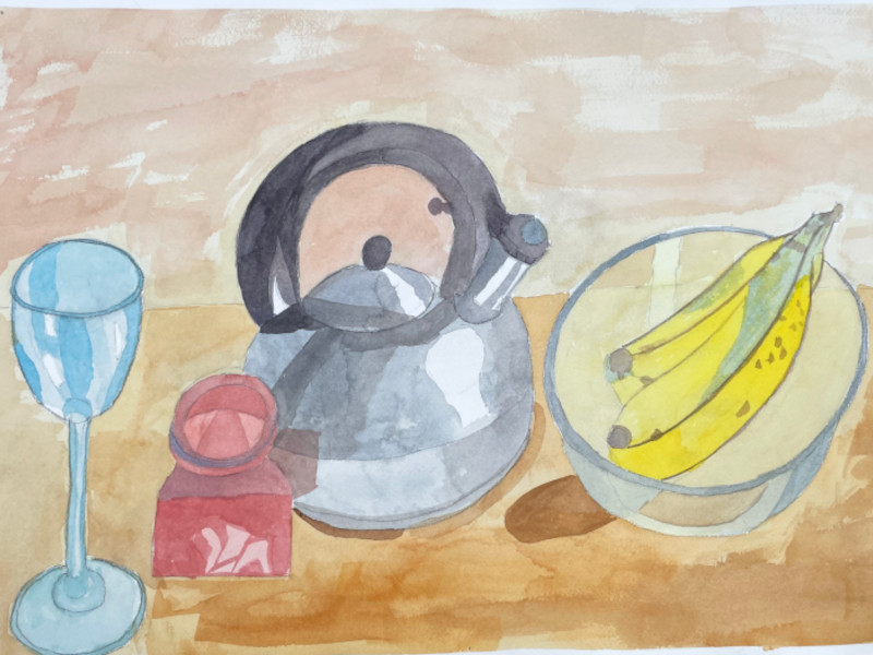 still life painting of wine glass, tea kettle, bananas, and ink well