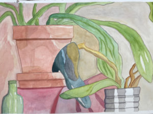 painting of plants, shoe, and bottle