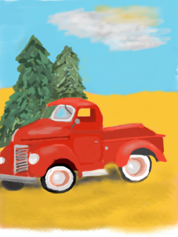 red pickup truck in front of two evergreen tres
